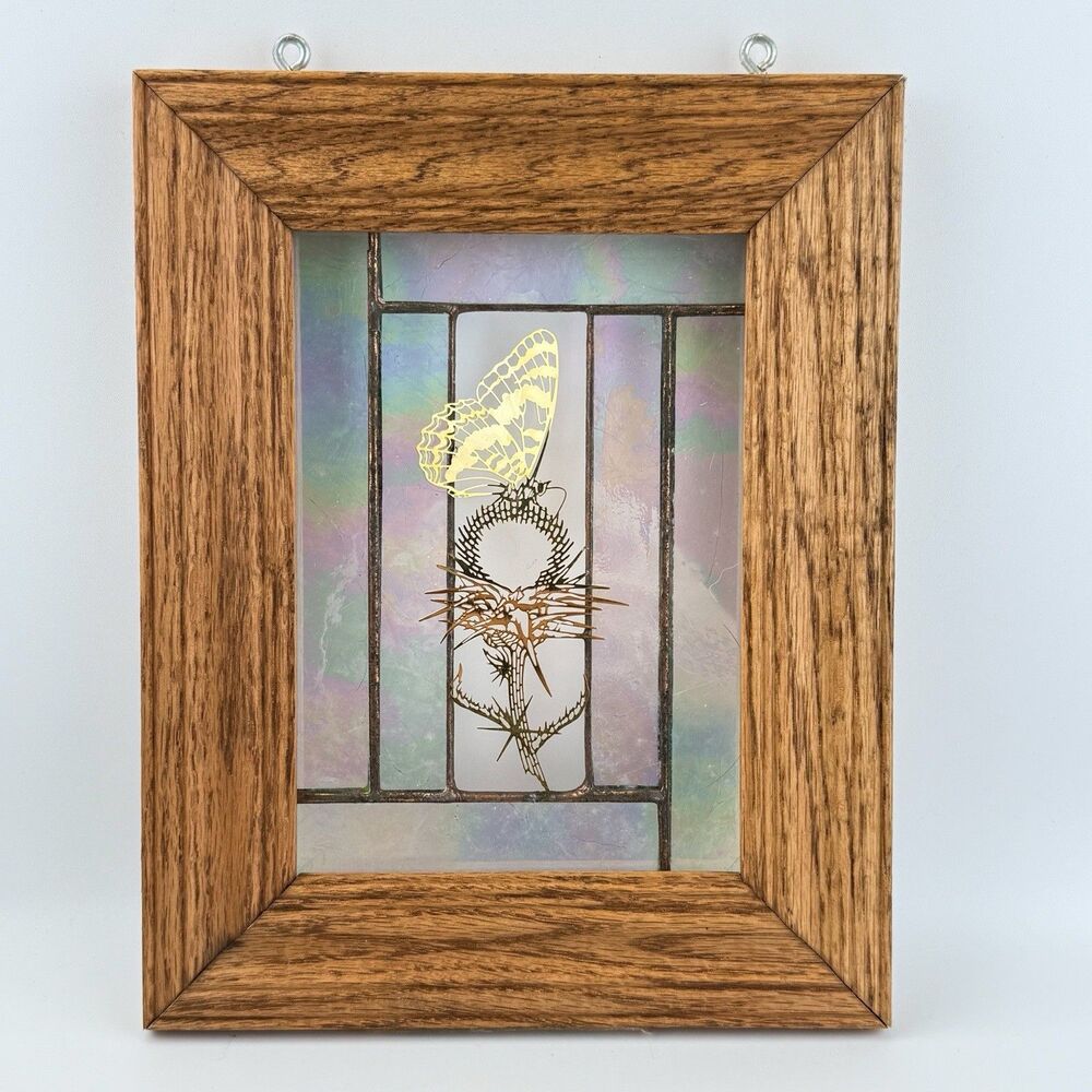 Vintage Stained Glass Suncatcher Frame | Butterfly & Thistle Design | 9” x 7”